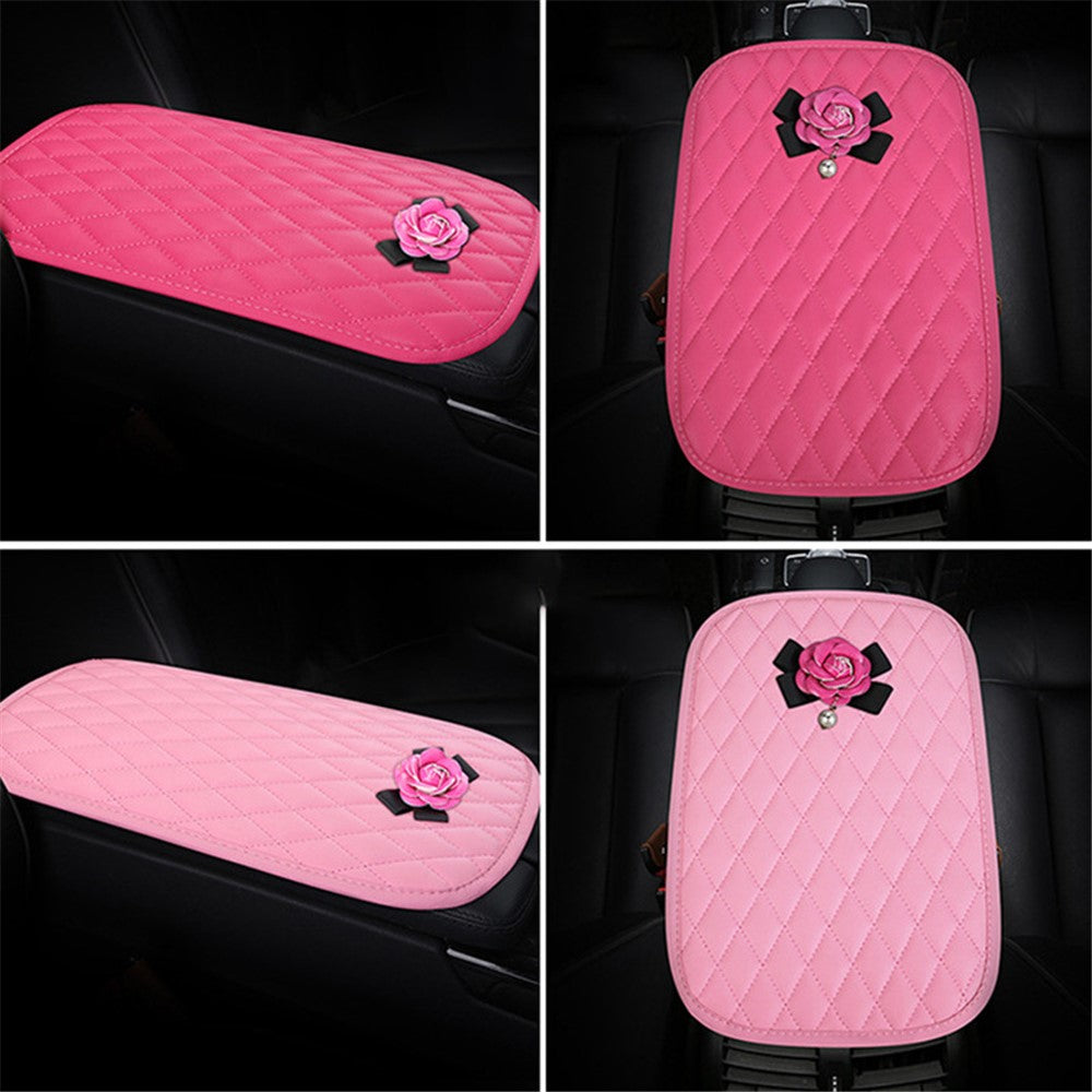 Camellia Design PU Leather Car Armrest Pad Auto Center Armrest Box Decorative Mat