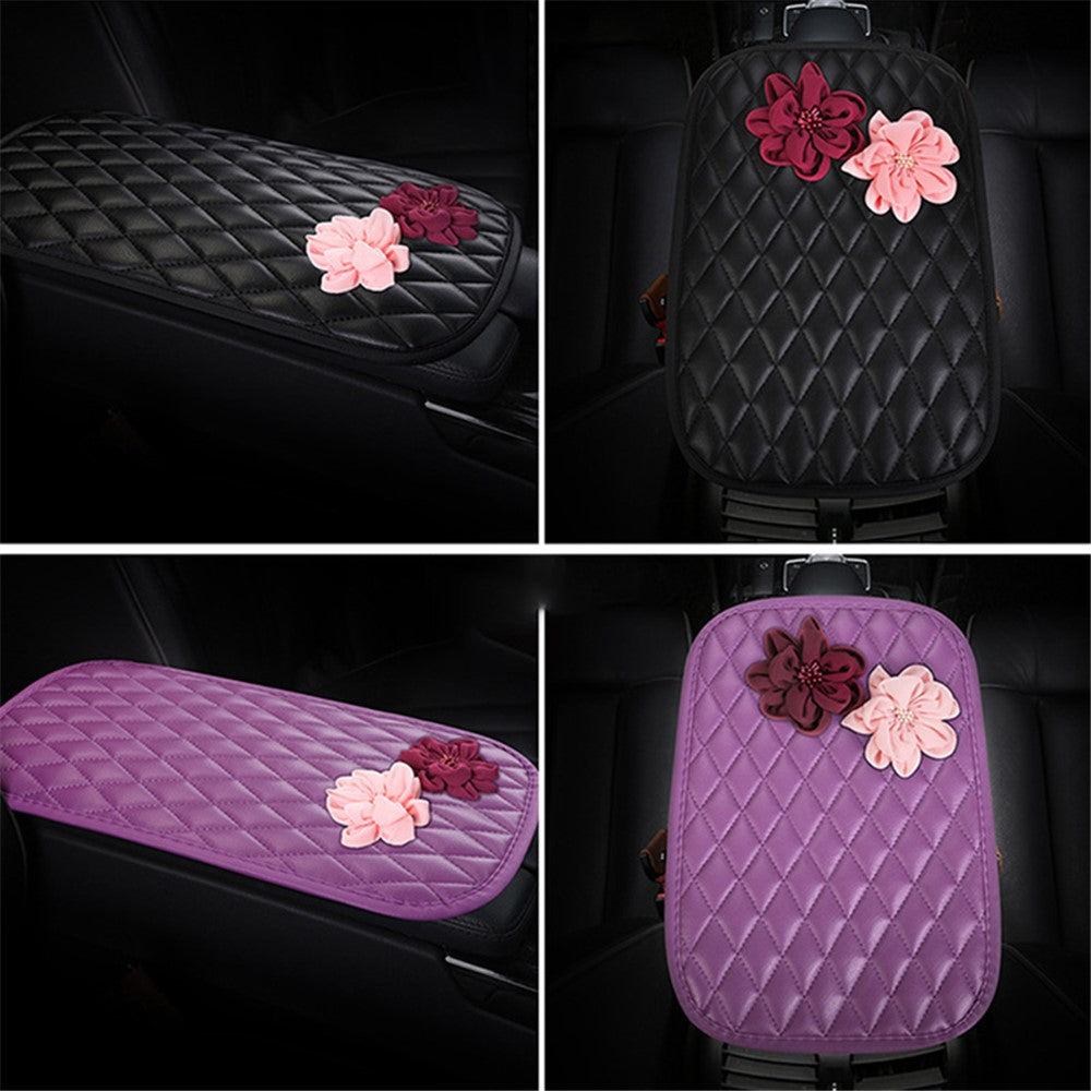 Rose Flower Decor PU Leather Car Armrest Pad Vehicle Armrest Box Decorative Mat