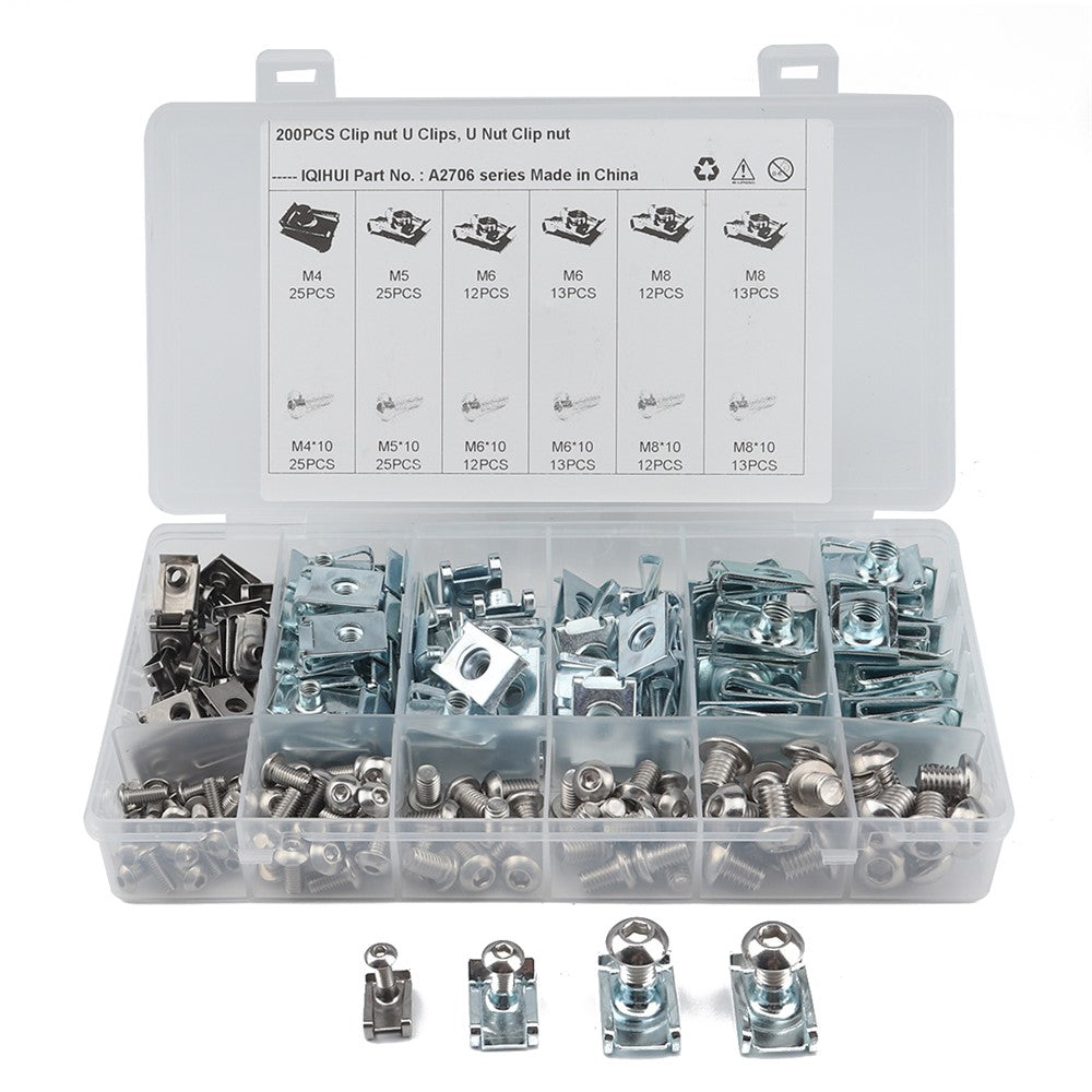 A2706 200Pcs M4 M5 M6 M8 Assorted Quick Clip Fastener U Nut and Bolt with Box
