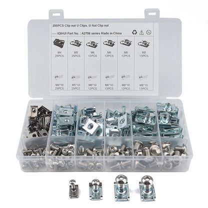 A2706 200Pcs M4 M5 M6 M8 Assorted Quick Clip Fastener U Nut and Bolt with Box