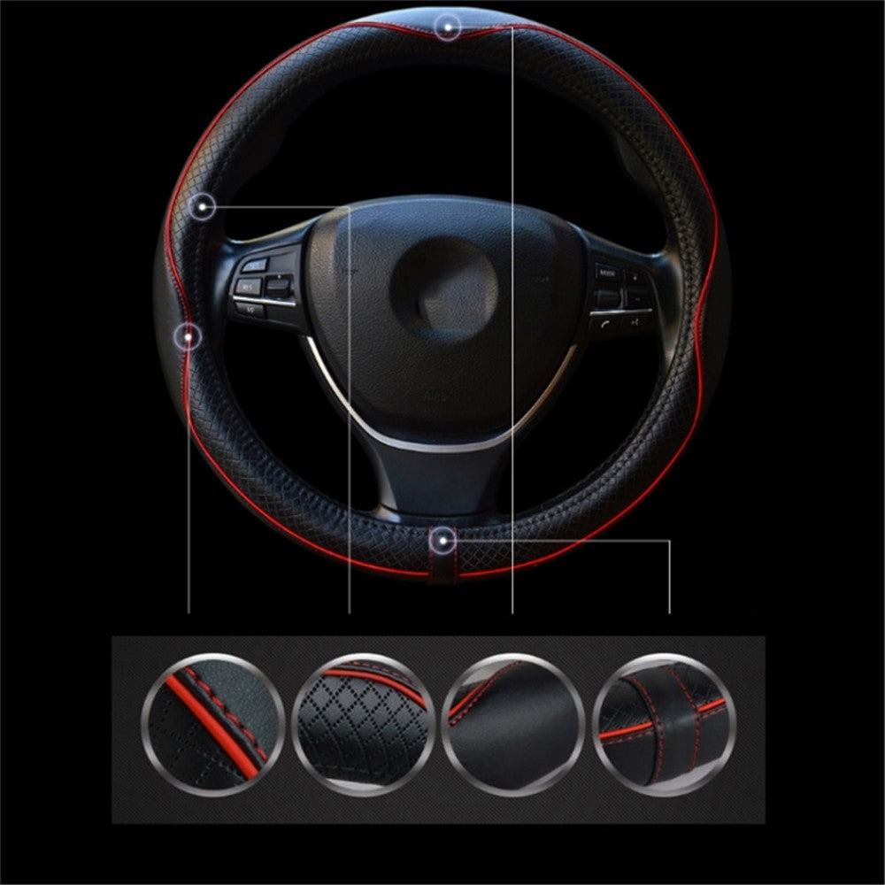 38cm Anti-Slip Embossing Genuine Cow Leather Car Steering Wheel Cover, D Type
