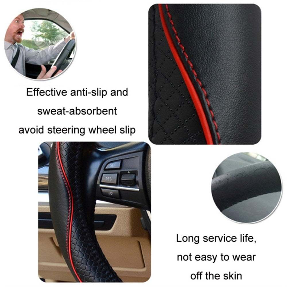 38cm Anti-Slip Embossing Genuine Cow Leather Car Steering Wheel Cover, D Type