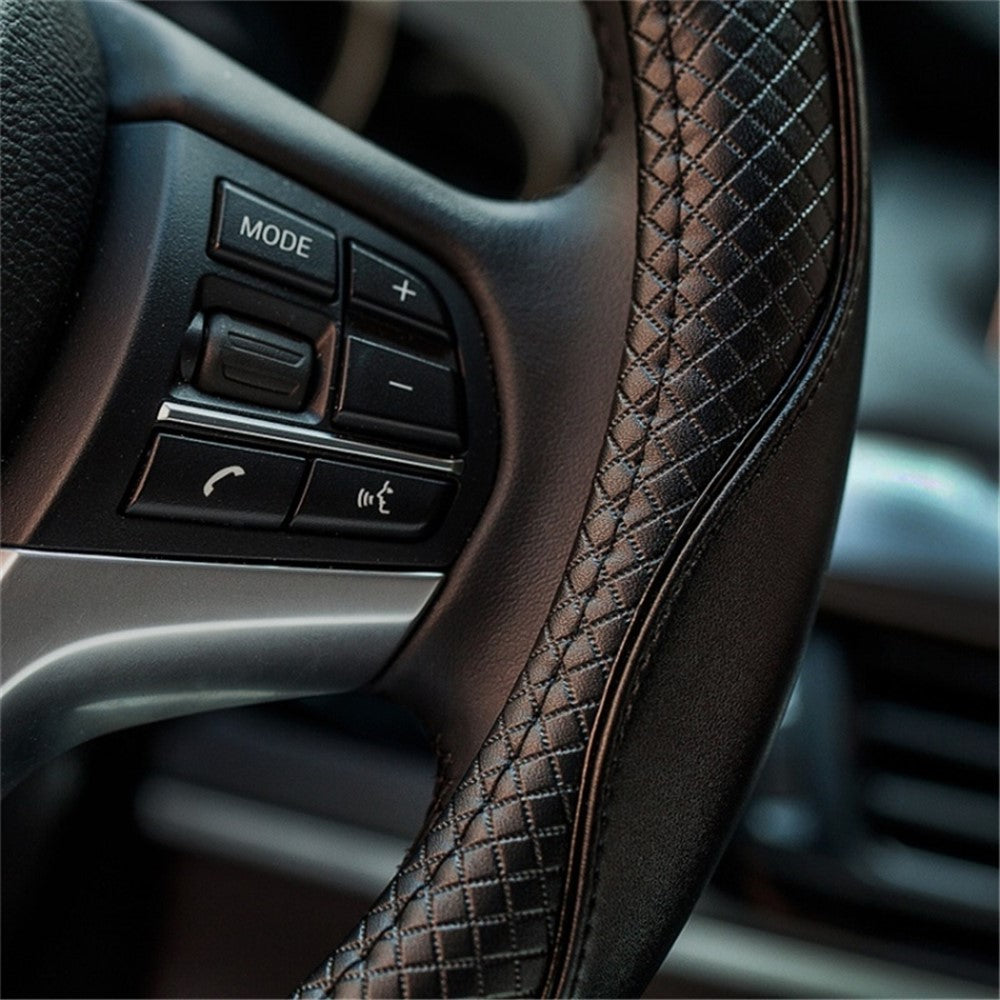 38cm Anti-Slip Embossing Genuine Cow Leather Car Steering Wheel Cover, D Type