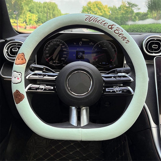 38cm D-shape Cartoon Bear Car Steering Wheel Cover Short Plush Warm Steering Wheel Sleeve