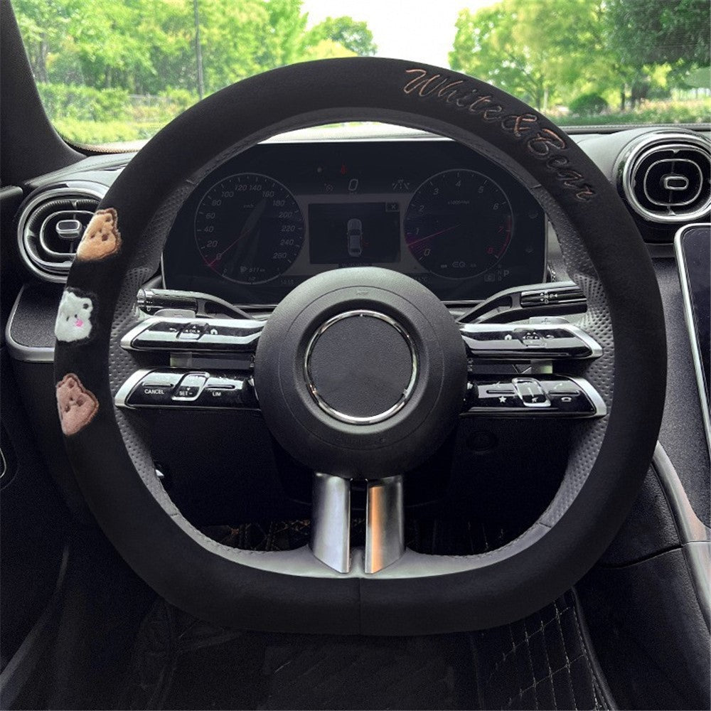 38cm D-shape Cartoon Bear Car Steering Wheel Cover Short Plush Warm Steering Wheel Sleeve