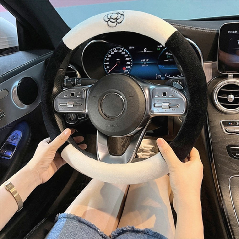38cm Round Car Steering Wheel Cover Camellia Pattern Anti-skid Plush Steering Wheel Sleeve