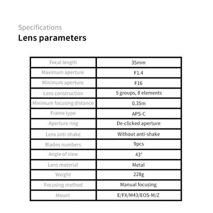 7ARTISANS 35mm F1.4 Wide Angle Lens APS-C Large Aperture Manual Focus Camera Lens for Sony E/Nikon Z/Canon EOS M/Fuji X