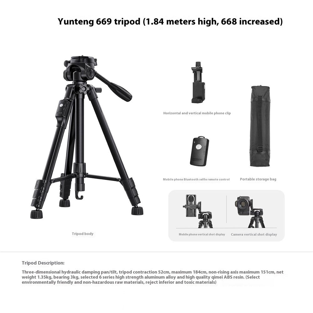 YUNTENG VCT-669 Tripod Camera Stand Smartphone Bluetooth-Compatible Selfie Mount for Live Streaming Vlog Video Recording