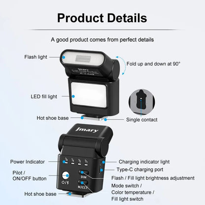JMARY FM-06R Mini Flash Fill Light Hot Shoe Mount 300mAh Rechargeable LED Light for Camera Photography