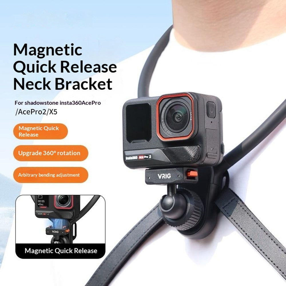 VRIG AC-82 360 Degree Ball Head Magnetic Neck Mount Bracket for Insta360 Ace  /  Pro  /  Pro 2  /  X5  /  X4 Air Quick Release Adjustable Bracket