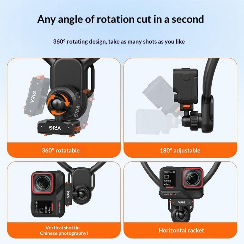 VRIG AC-82 360 Degree Ball Head Magnetic Neck Mount Bracket for Insta360 Ace  /  Pro  /  Pro 2  /  X5  /  X4 Air Quick Release Adjustable Bracket