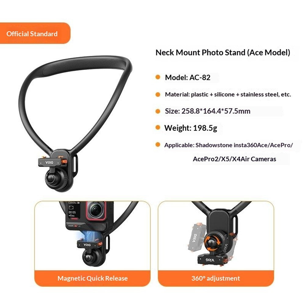 VRIG AC-82 360 Degree Ball Head Magnetic Neck Mount Bracket for Insta360 Ace  /  Pro  /  Pro 2  /  X5  /  X4 Air Quick Release Adjustable Bracket