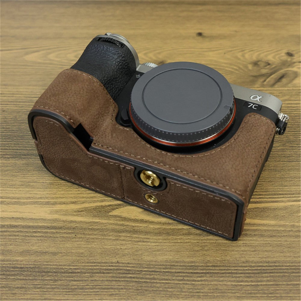 For Sony A7C II / A7CR Camera Bottom Case Genuine Cow Leather Anti-Drop Half Body Cover with Battery Opening