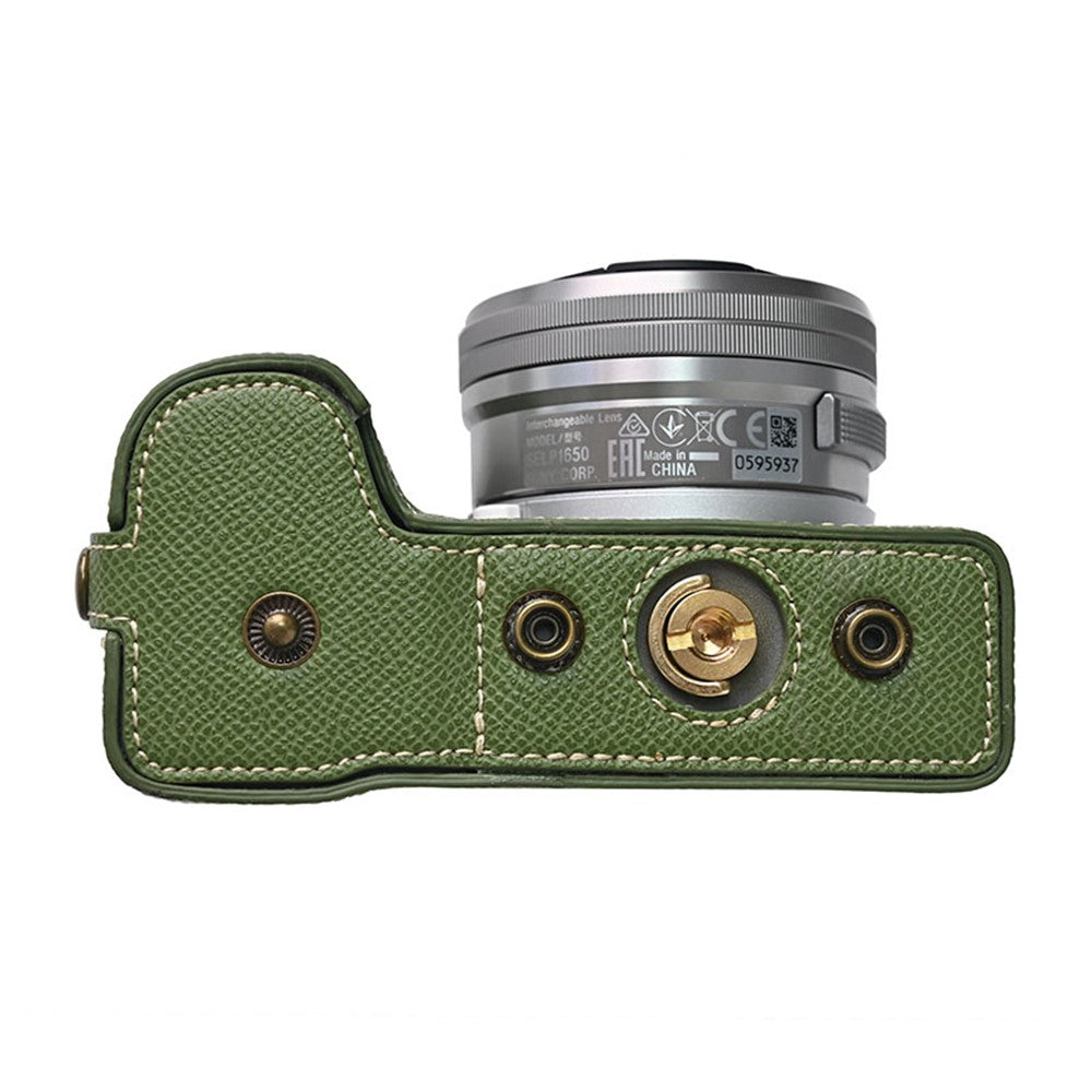 For Sony Alpha ZV-E10 II Textured PU Leather Camera Case with Battery Hole + Strap + Lens Storage Bag