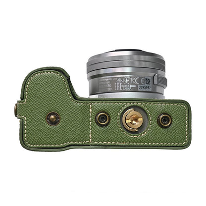 For Sony Alpha ZV-E10 II Textured PU Leather Camera Case with Battery Hole + Strap + Lens Storage Bag