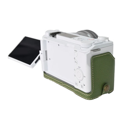 For Sony Alpha ZV-E10 II Textured PU Leather Camera Case with Battery Hole + Strap + Lens Storage Bag