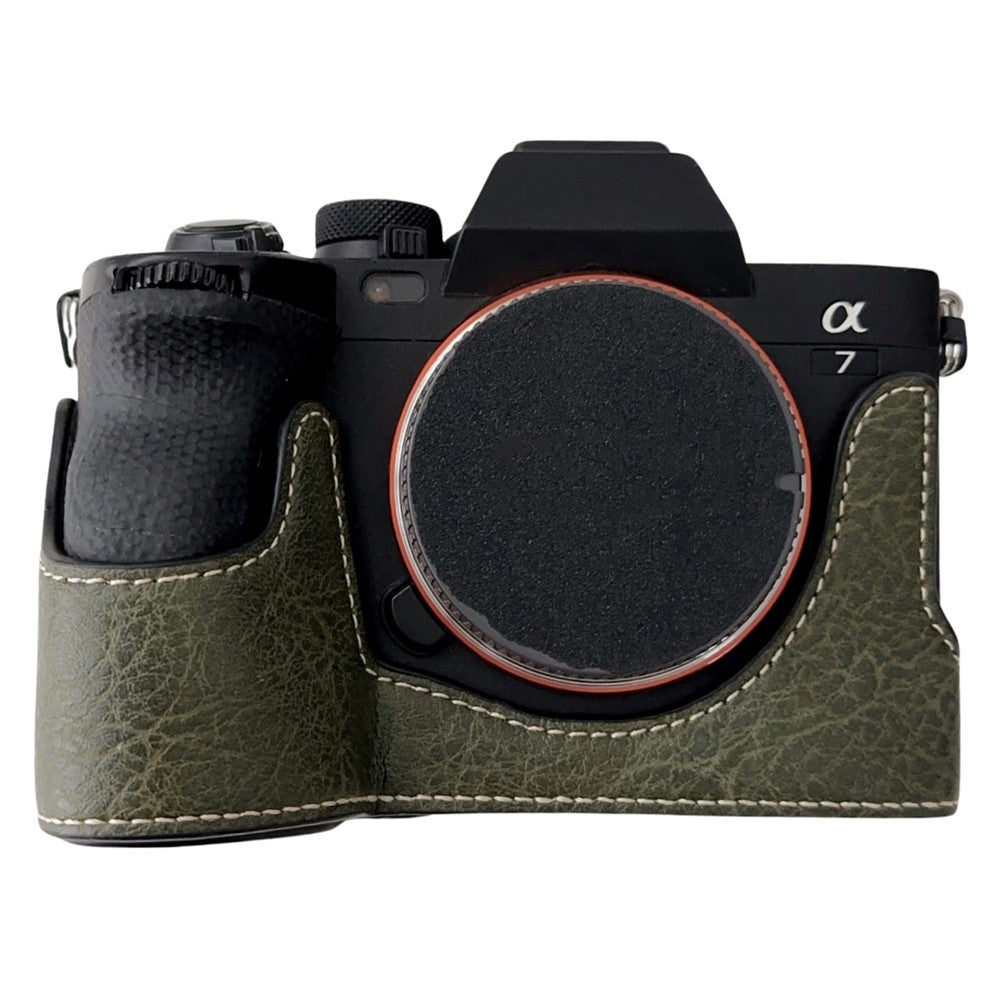 For Sony A7R V / A7 IV / A7S III / Alpha 1 Case Buffalo Texture PU Leather Bottom Case Half Body Camera Cover with Battery Opening
