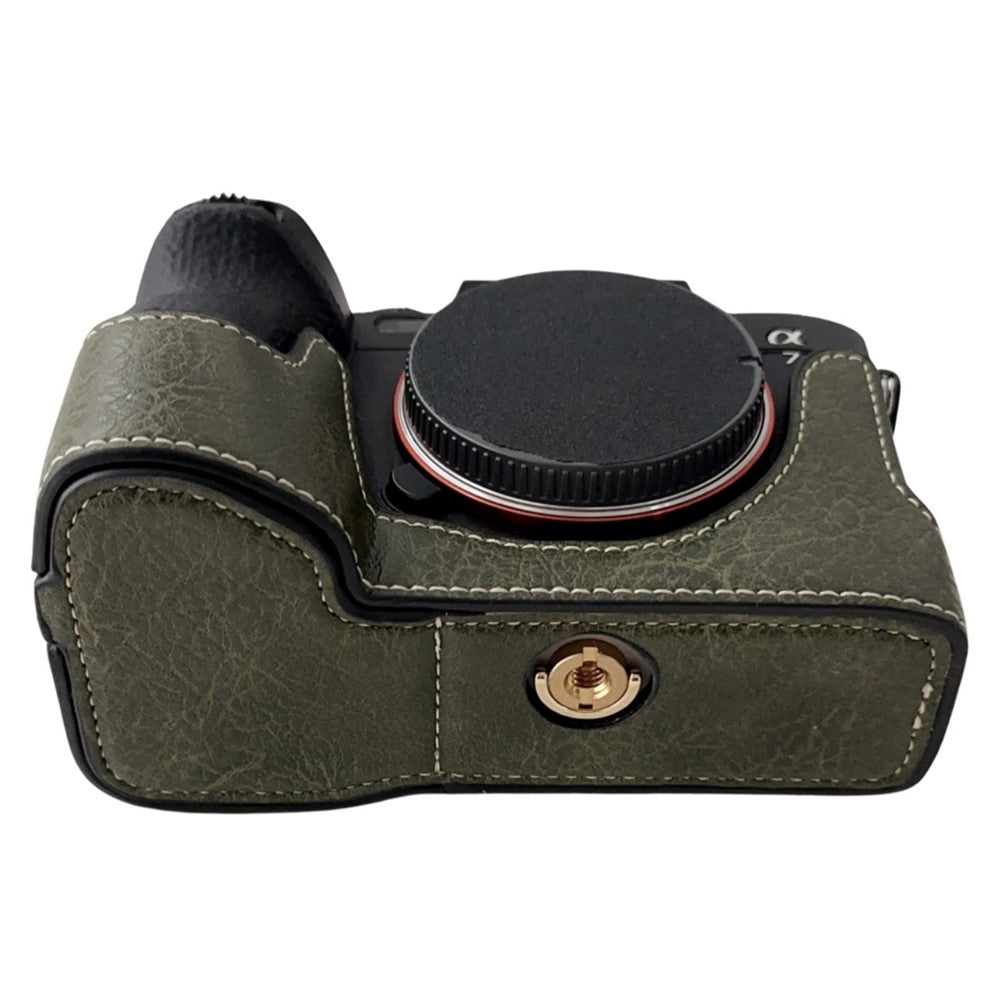 For Sony A7R V / A7 IV / A7S III / Alpha 1 Case Buffalo Texture PU Leather Bottom Case Half Body Camera Cover with Battery Opening