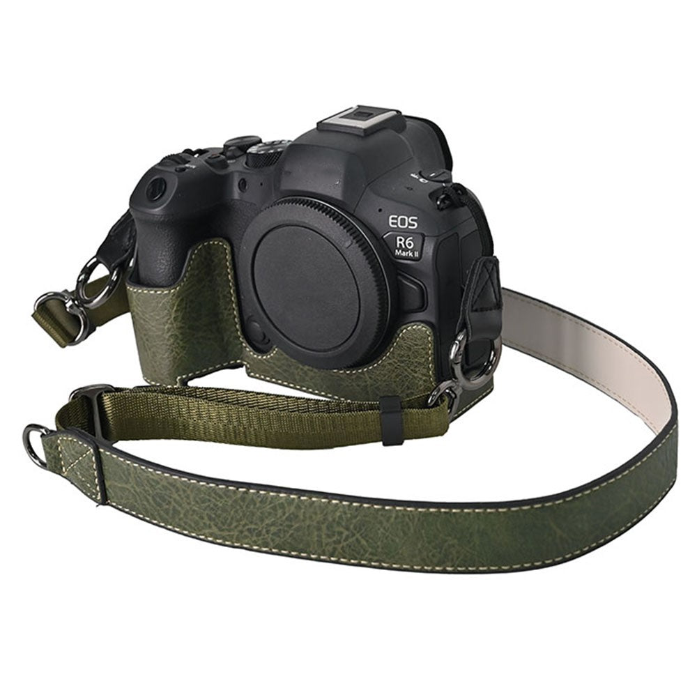 For Canon EOS R6 Mark II / R6 / R5 Camera Case with Shoulder Strap Large Cutout Litchi Texture PU Protective Cover
