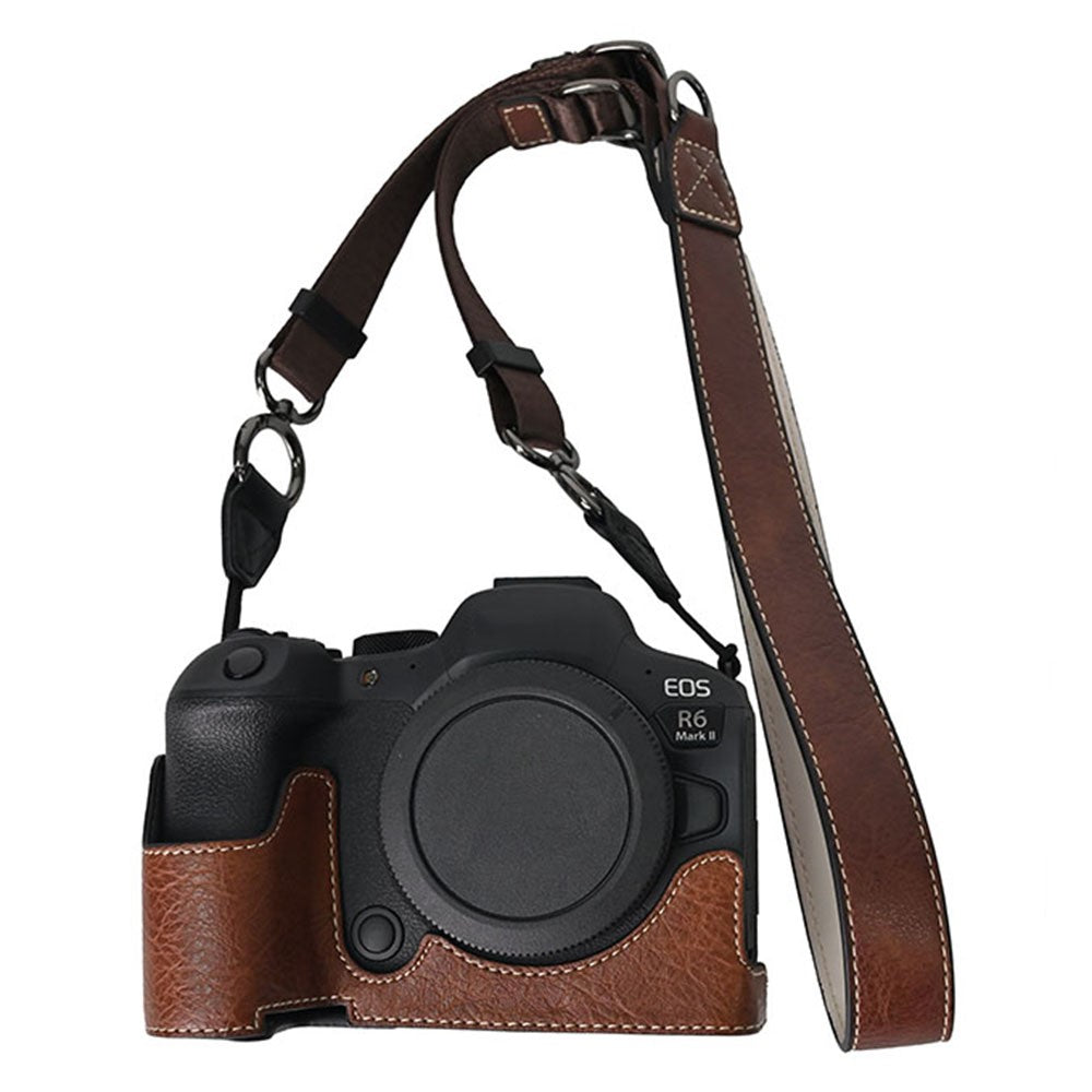 For Canon EOS R6 Mark II / R6 / R5 Camera Case with Shoulder Strap Large Cutout Litchi Texture PU Protective Cover