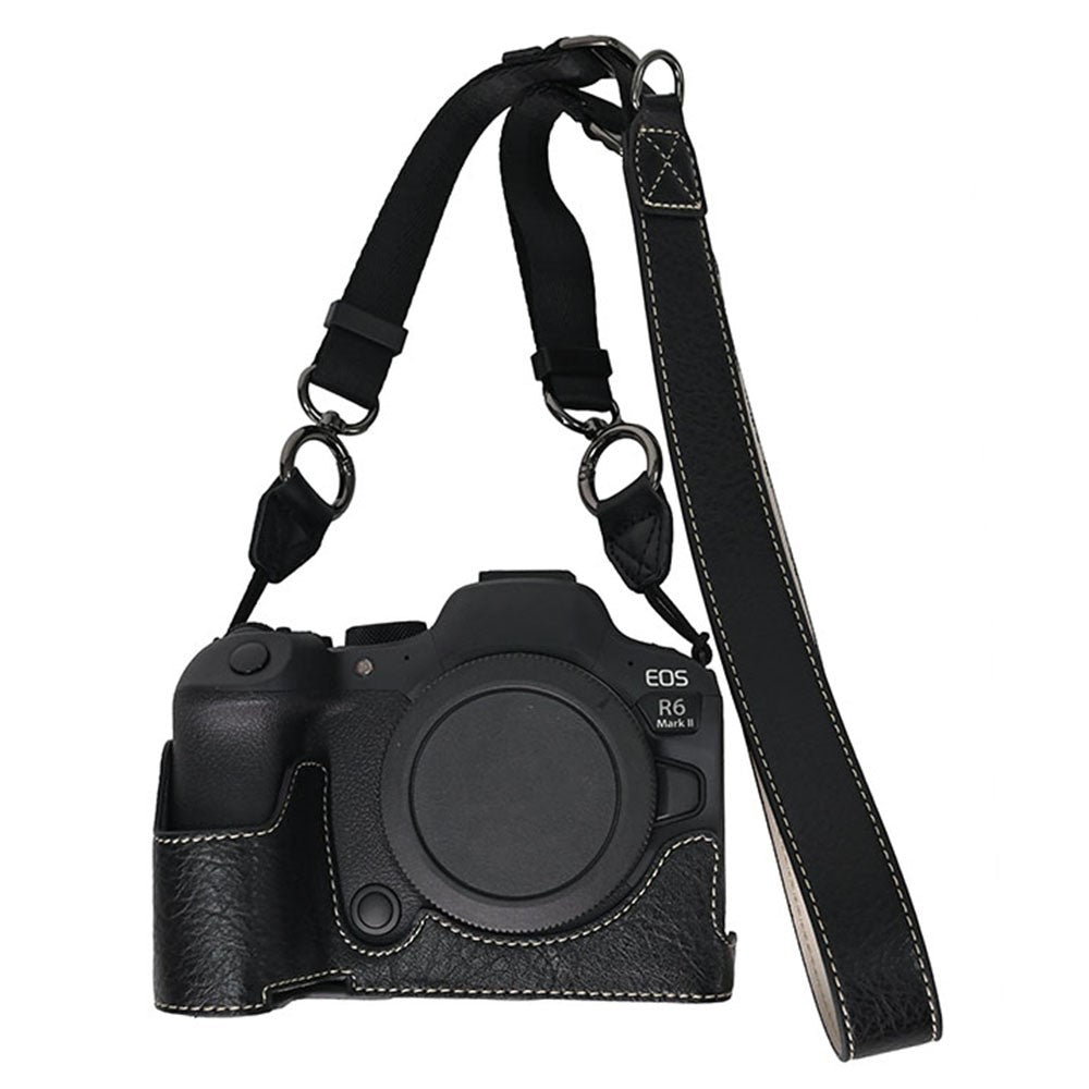 For Canon EOS R6 Mark II / R6 / R5 Camera Case with Shoulder Strap Large Cutout Litchi Texture PU Protective Cover