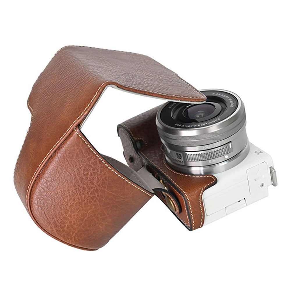 For Sony Alpha ZV-E10 Camera Case Litchi Texture Leather Cover with Battery Hole + Strap