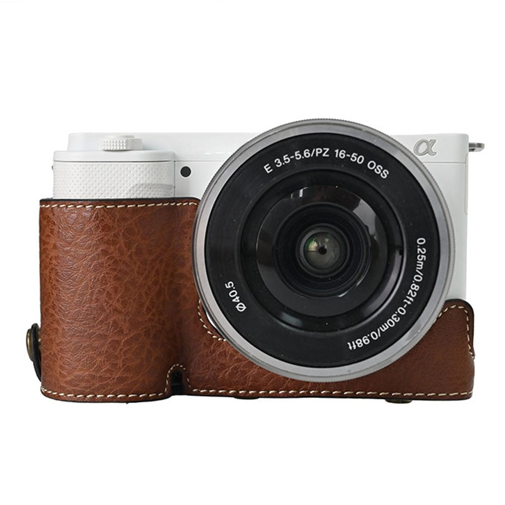 For Sony Alpha ZV-E10 Camera Case Litchi Texture Leather Cover with Battery Hole + Strap
