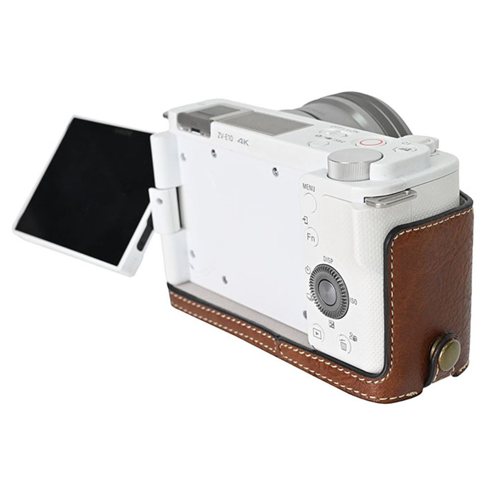 For Sony Alpha ZV-E10 Camera Case Litchi Texture Leather Cover with Battery Hole + Strap