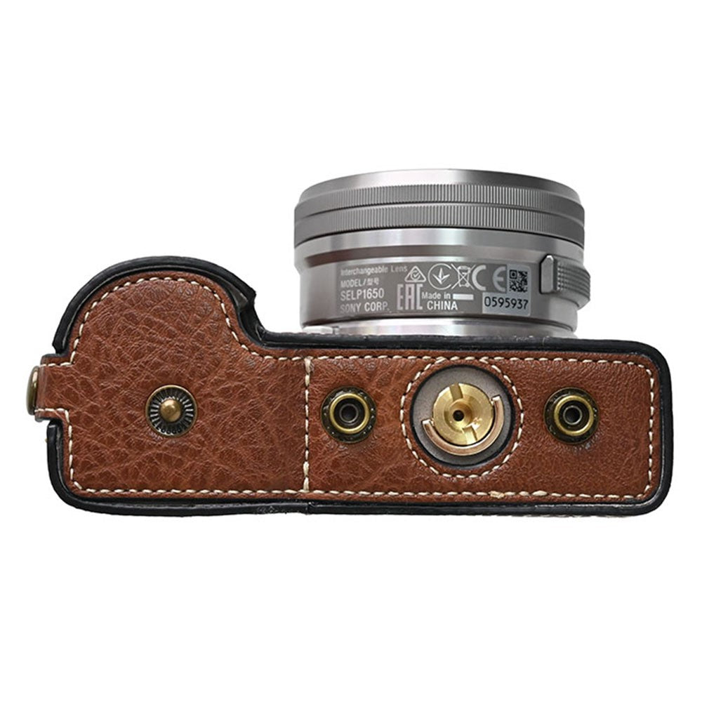 For Sony Alpha ZV-E10 Camera Case Litchi Texture Leather Cover with Battery Hole + Strap