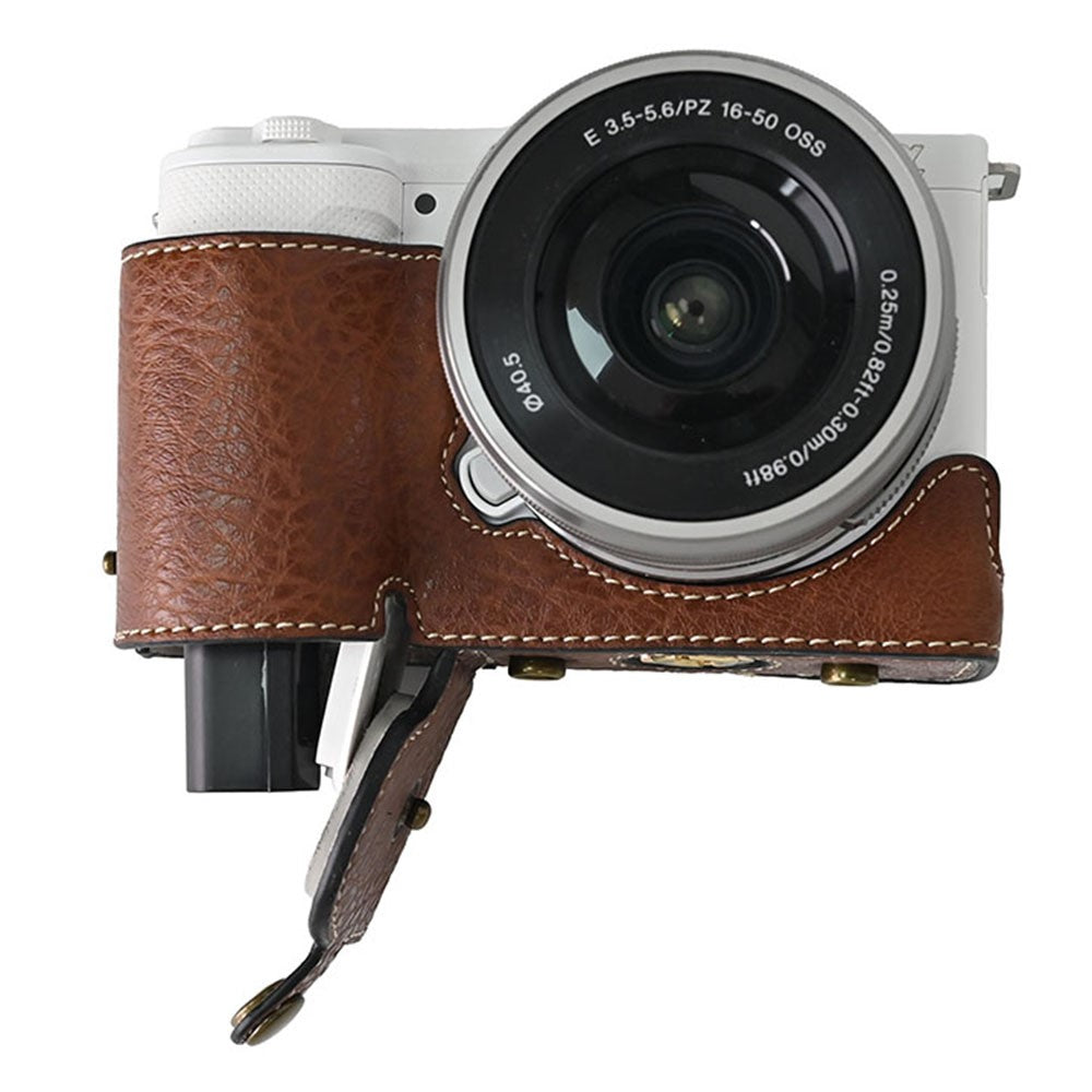 For Sony Alpha ZV-E10 Camera Case Litchi Texture Leather Cover with Battery Hole + Strap
