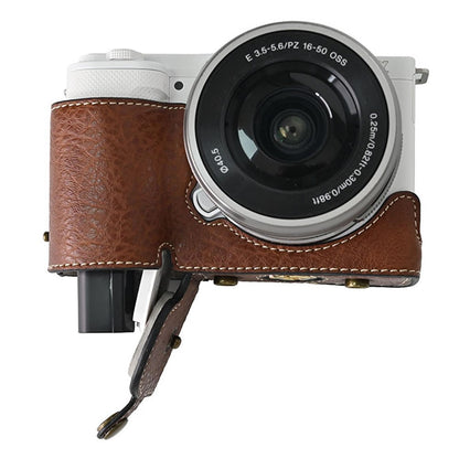 For Sony Alpha ZV-E10 Camera Case Litchi Texture Leather Cover with Battery Hole + Strap
