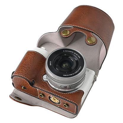 For Sony Alpha ZV-E10 Camera Case Litchi Texture Leather Cover with Battery Hole + Strap