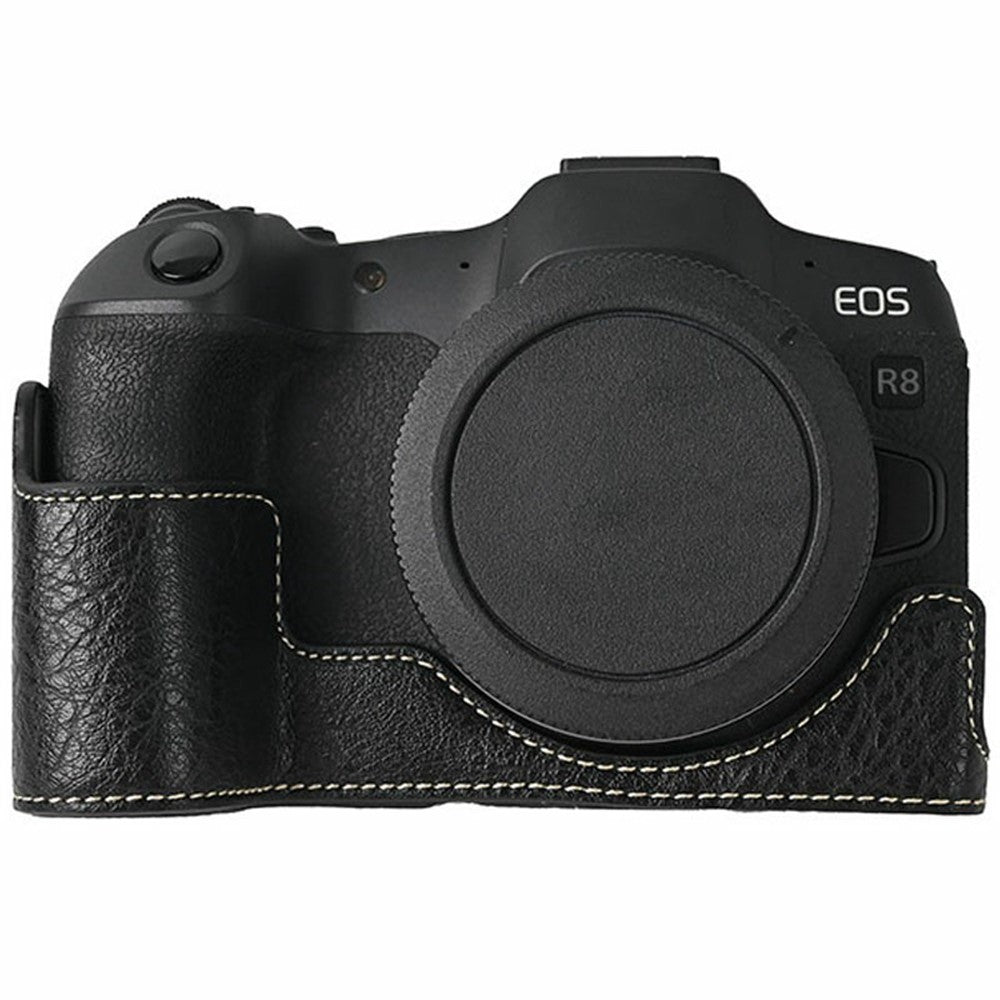 For Canon EOS R8 Camera Half Case Litchi Texture PU Leather Protective Cover with Battery Opening