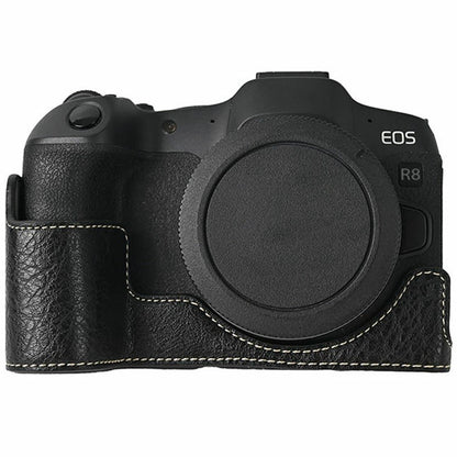 For Canon EOS R8 Camera Half Case Litchi Texture PU Leather Protective Cover with Battery Opening