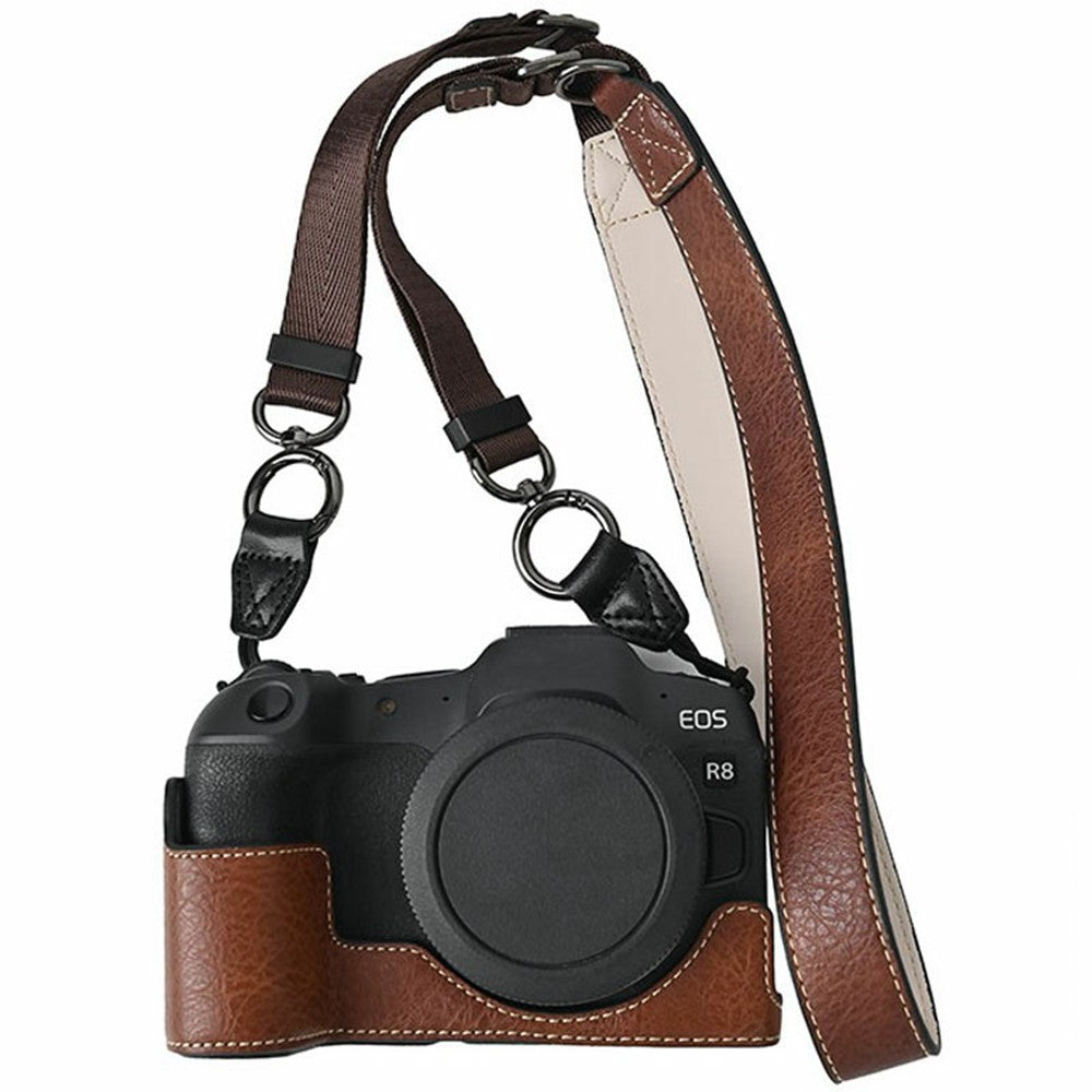 For Canon EOS R8 Camera Half Case Litchi Texture Battery Opening PU Leather Cover with Shoulder Strap