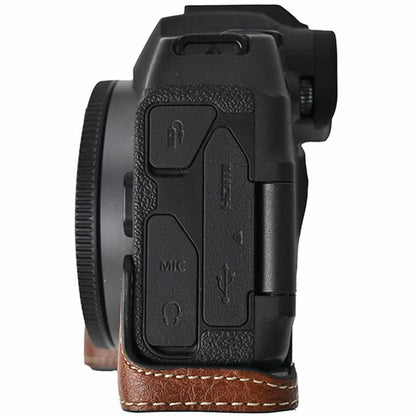 For Canon EOS R8 Camera Half Case Litchi Texture Battery Opening PU Leather Cover with Shoulder Strap