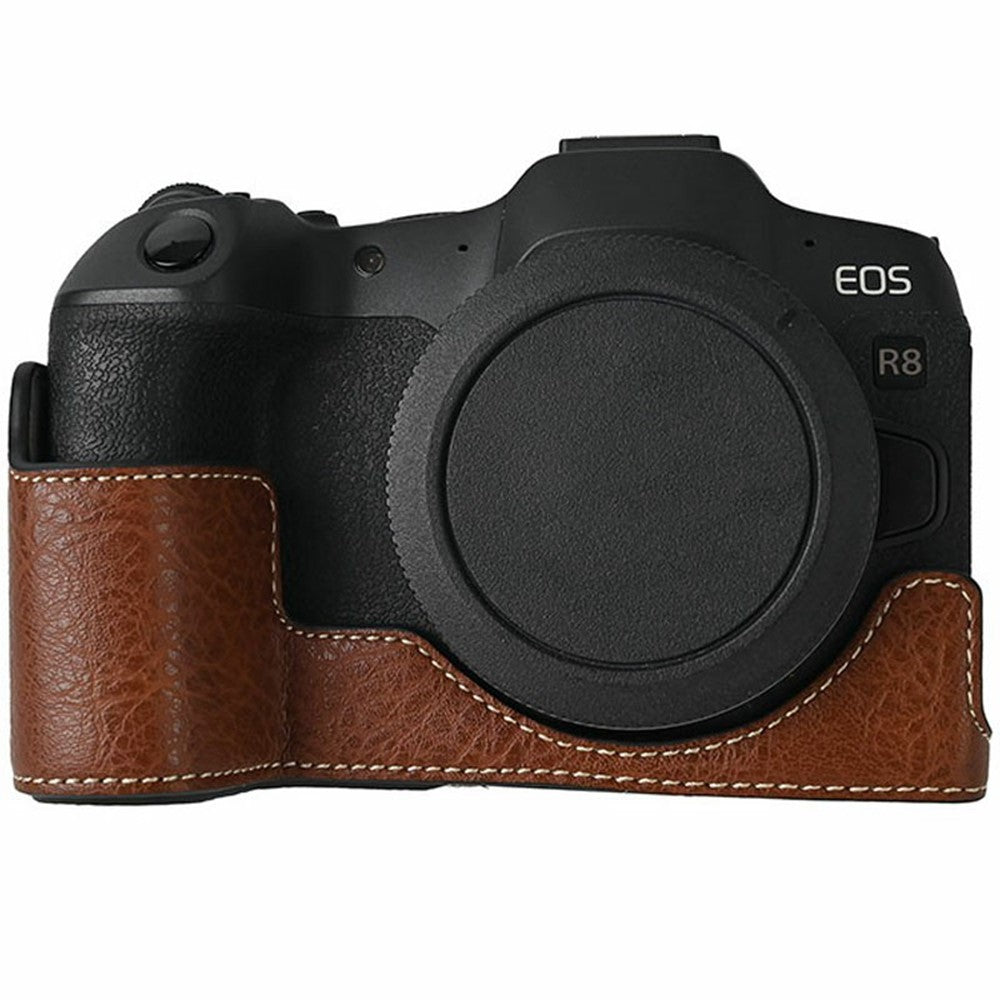 For Canon EOS R8 Camera Half Case Litchi Texture Battery Opening PU Leather Cover with Shoulder Strap