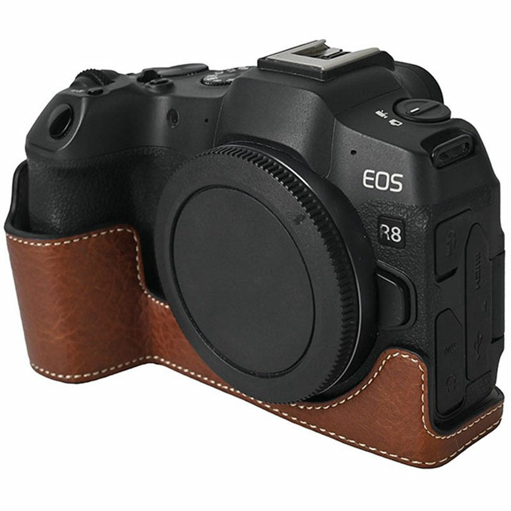 For Canon EOS R8 Camera Half Case Litchi Texture Battery Opening PU Leather Cover with Shoulder Strap