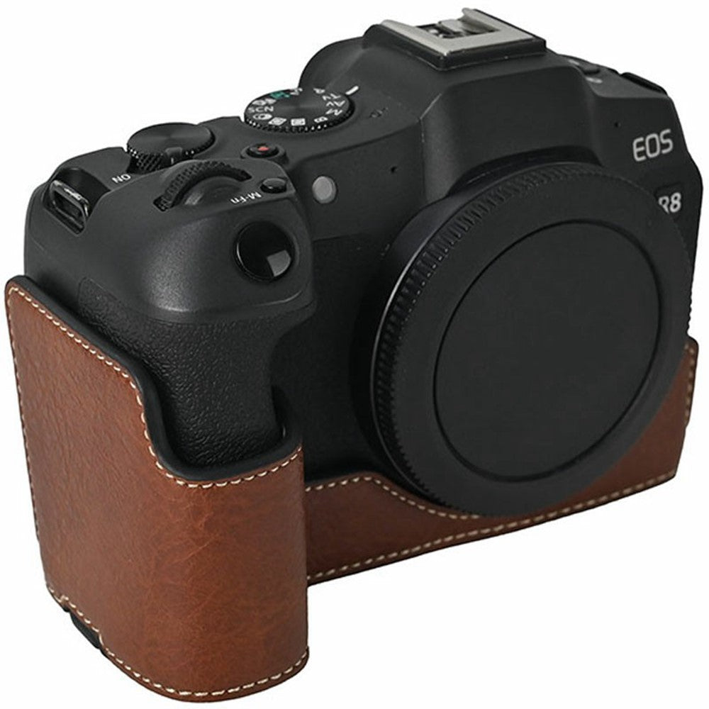 For Canon EOS R8 Camera Half Case Litchi Texture Battery Opening PU Leather Cover with Shoulder Strap