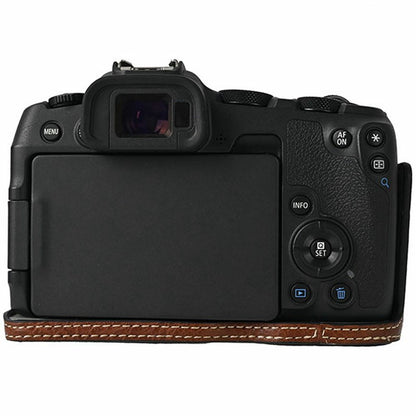 For Canon EOS R8 Camera Half Case Litchi Texture Battery Opening PU Leather Cover with Shoulder Strap