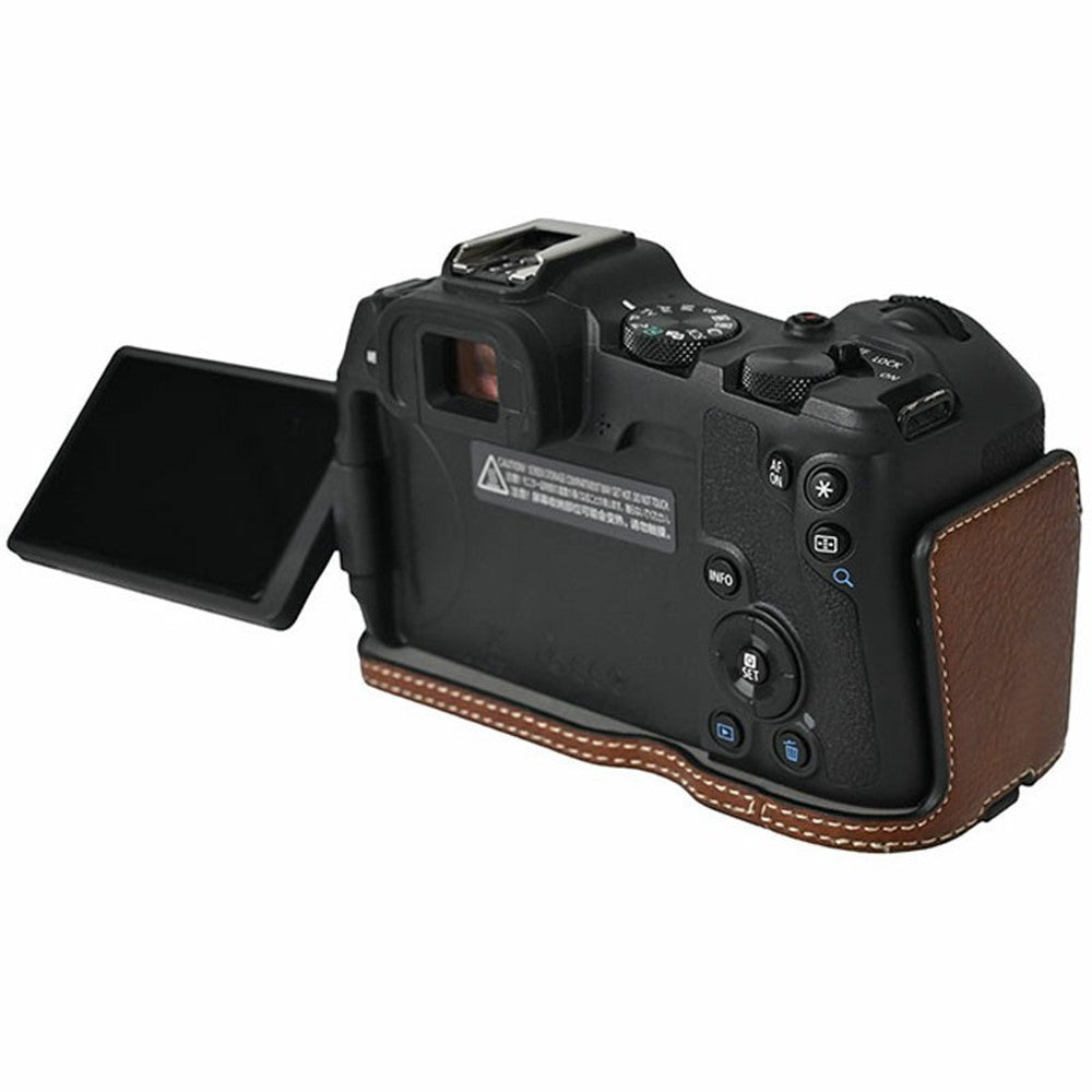 For Canon EOS R8 Camera Half Case Litchi Texture Battery Opening PU Leather Cover with Shoulder Strap