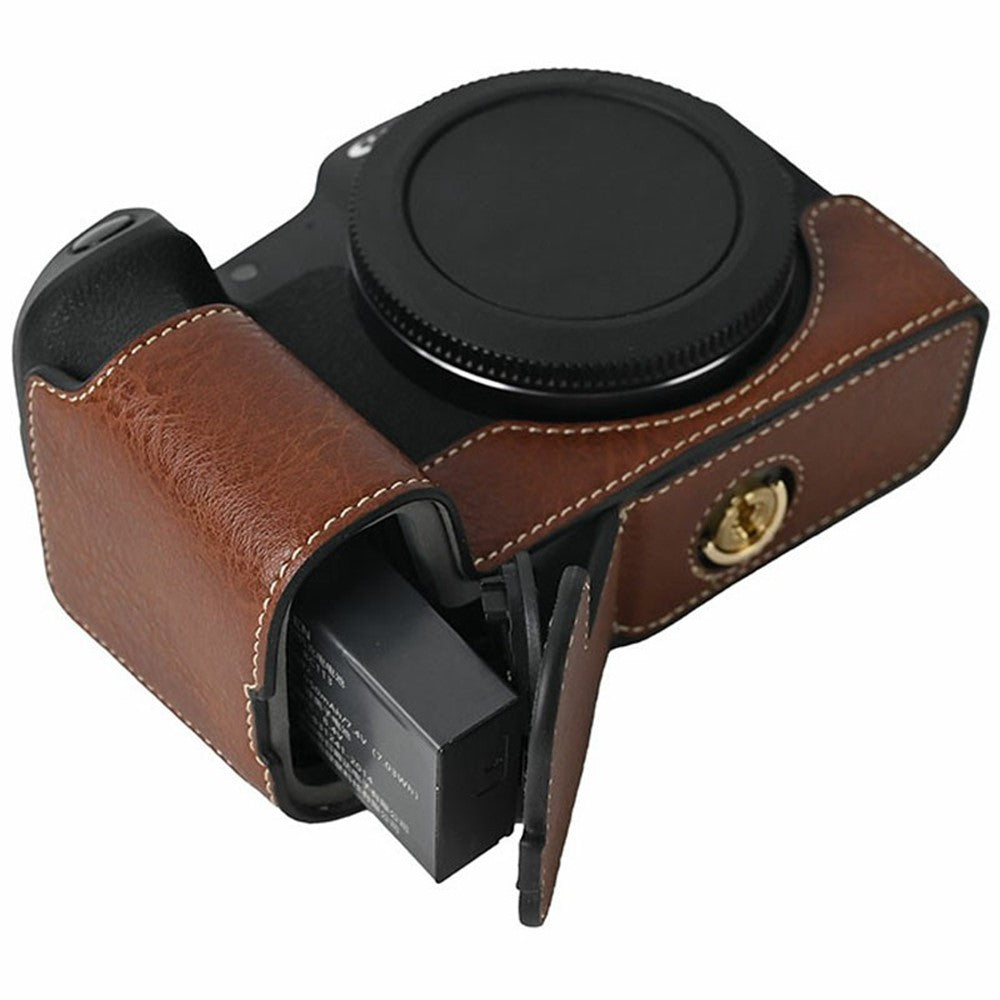For Canon EOS R8 Camera Half Case Litchi Texture Battery Opening PU Leather Cover with Shoulder Strap