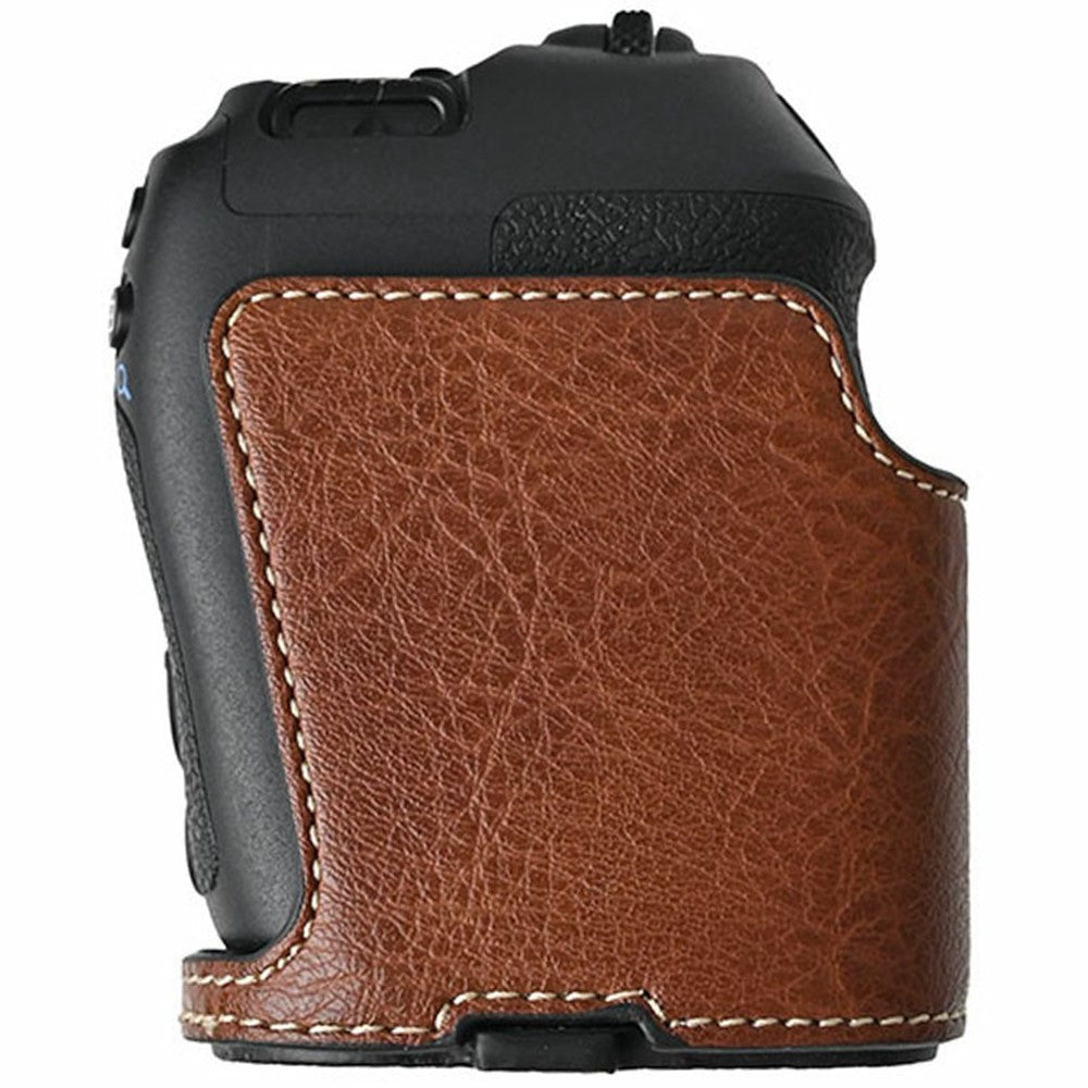 For Canon EOS R8 Camera Half Case Litchi Texture Battery Opening PU Leather Cover with Shoulder Strap