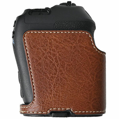 For Canon EOS R8 Camera Half Case Litchi Texture Battery Opening PU Leather Cover with Shoulder Strap