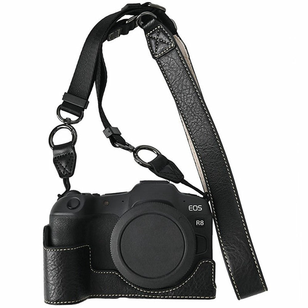 For Canon EOS R8 Camera Half Case Litchi Texture Battery Opening PU Leather Cover with Shoulder Strap