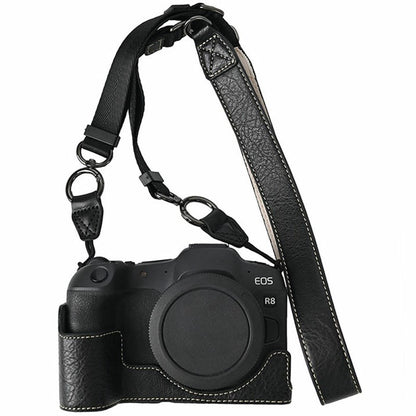 For Canon EOS R8 Camera Half Case Litchi Texture Battery Opening PU Leather Cover with Shoulder Strap