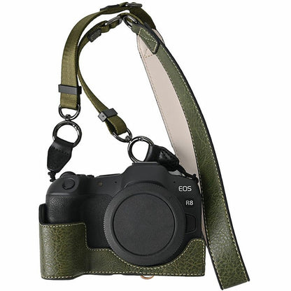 For Canon EOS R8 Camera Half Case Litchi Texture Battery Opening PU Leather Cover with Shoulder Strap