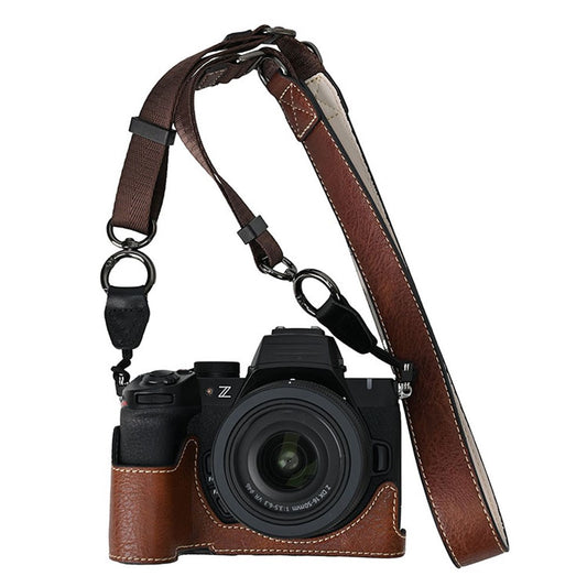 For Nikon Z 50 II Camera Half Case Litchi Texture Battery Opening PU Leather Cover with Shoulder Strap