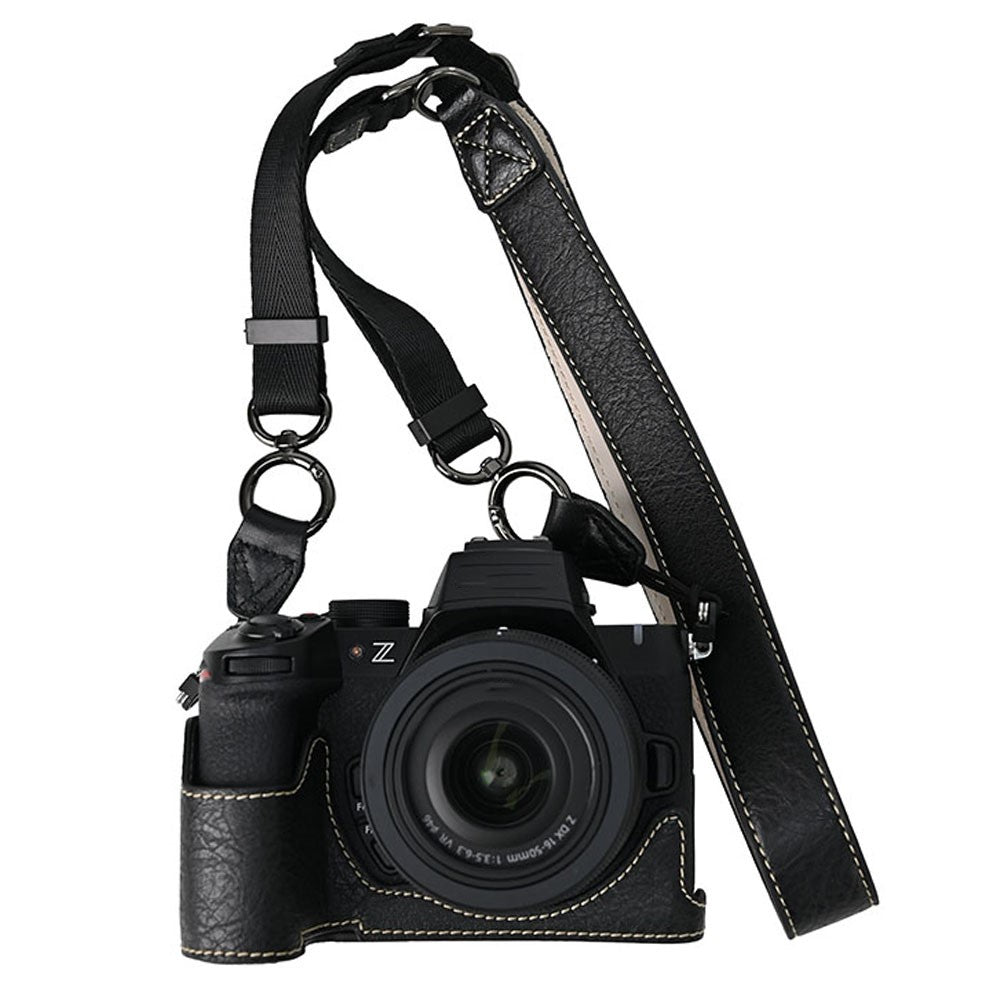 For Nikon Z 50 II Camera Half Case Litchi Texture Battery Opening PU Leather Cover with Shoulder Strap