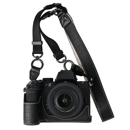 For Nikon Z 50 II Camera Half Case Litchi Texture Battery Opening PU Leather Cover with Shoulder Strap